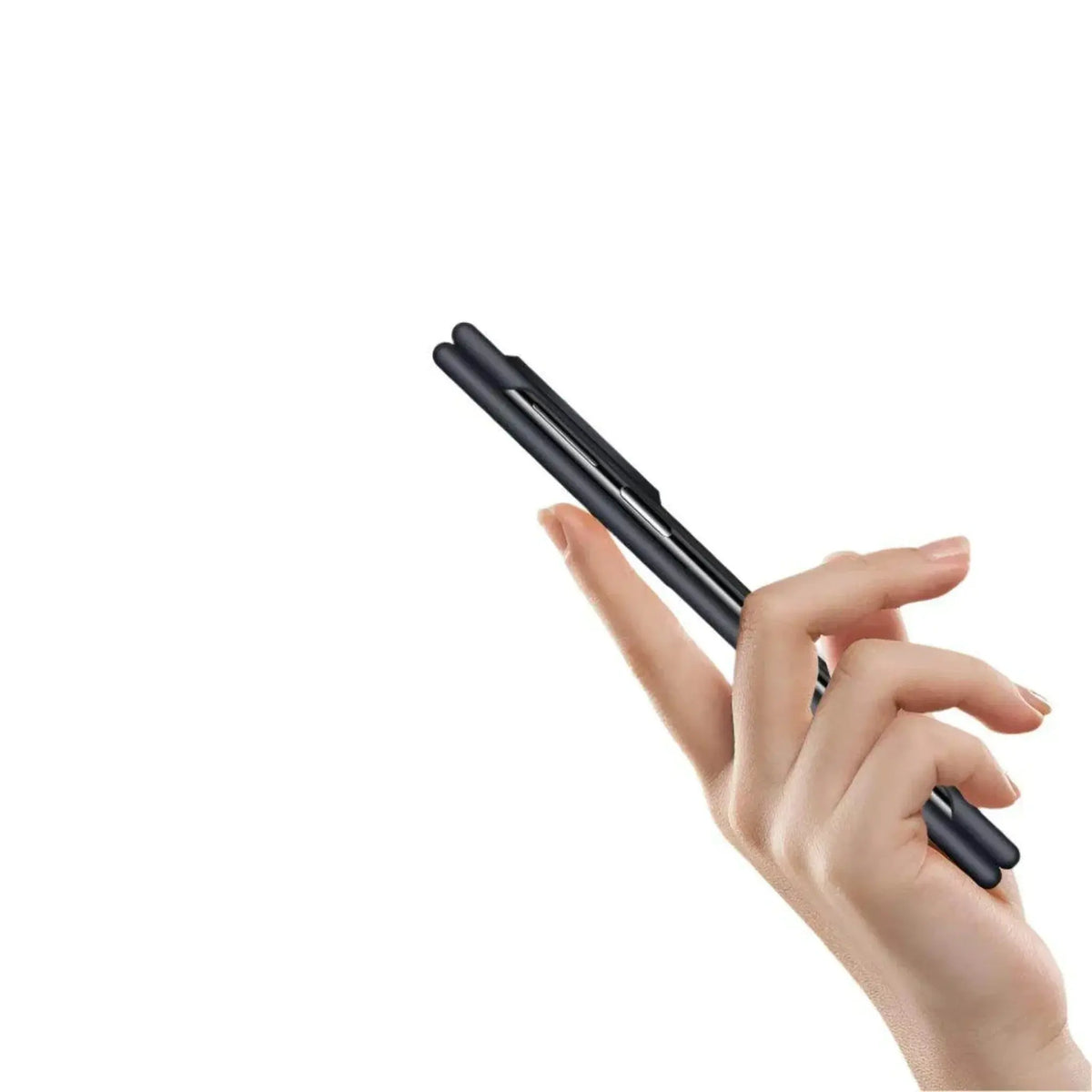 Hand holding a slim black foldable smartphone, side view on white background