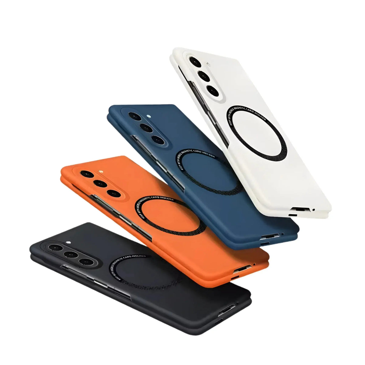 Four silicone smartphone cases in white, blue, orange, and black with circular ring design on the back