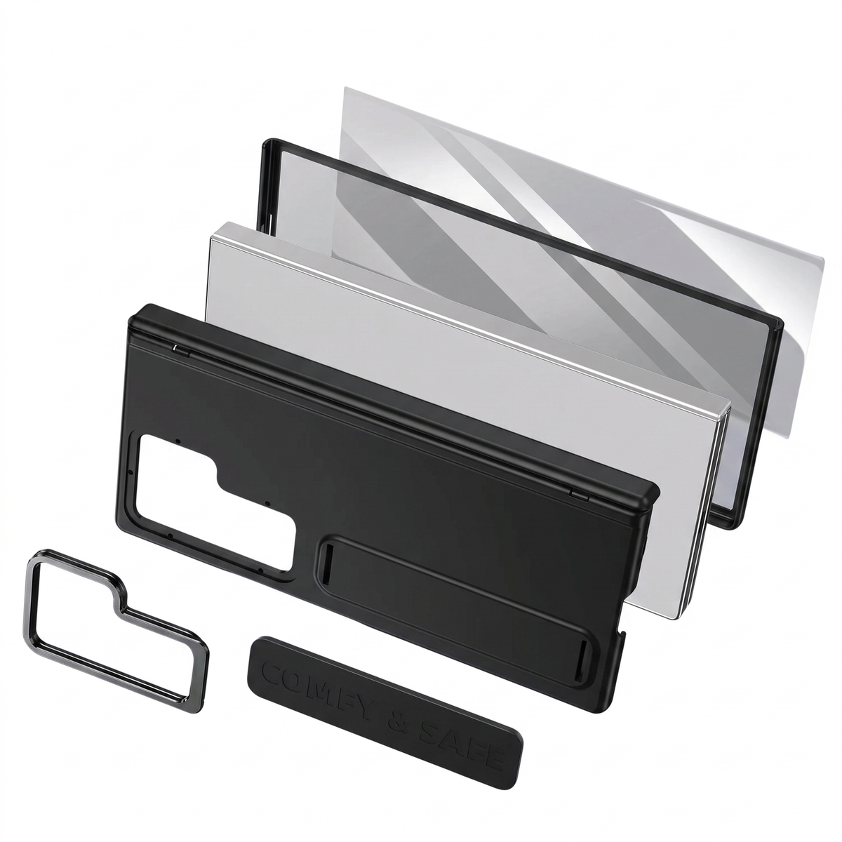Aegis H1 Galaxy Z Fold case components in Black - back shell, hinge cover, kickstand strap, camera bezel and screen protector