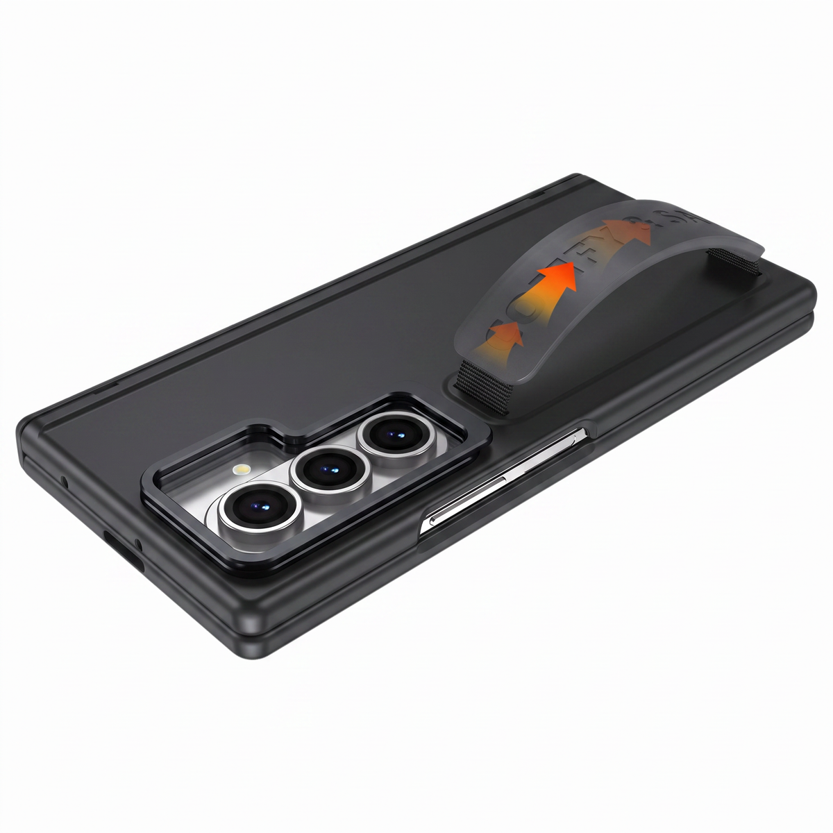 Aegis H1 Galaxy Z Fold case in Black showing the built-in grip strap lifting away from the back panel
