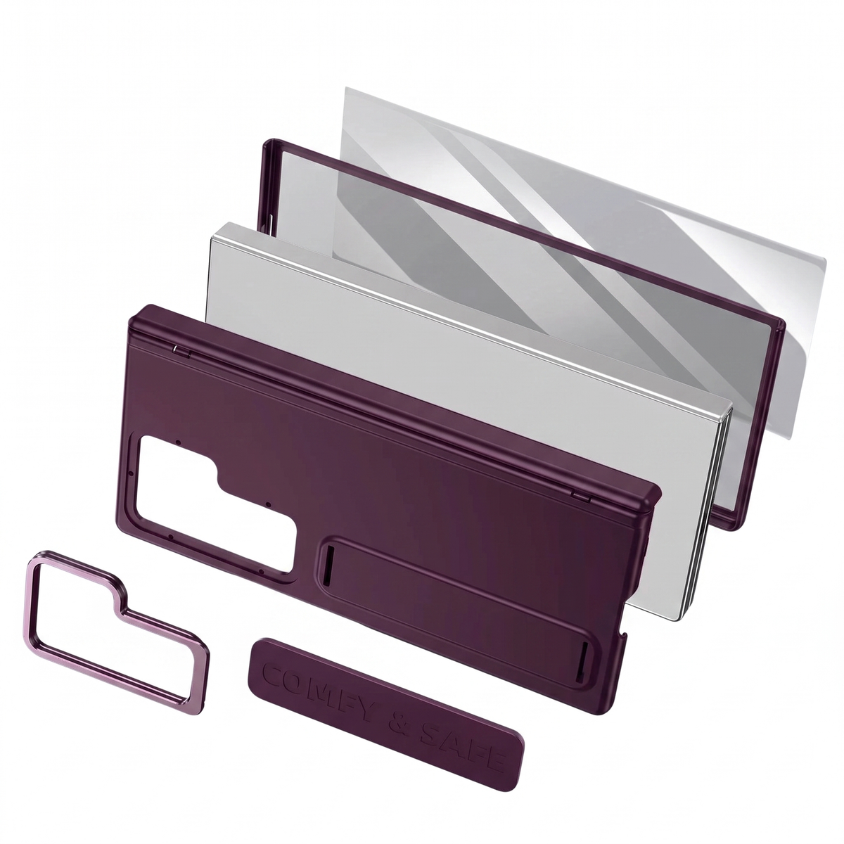 Aegis H1 Galaxy Z Fold case components in Red Wine - back shell, hinge cover, kickstand strap, camera bezel and screen protector