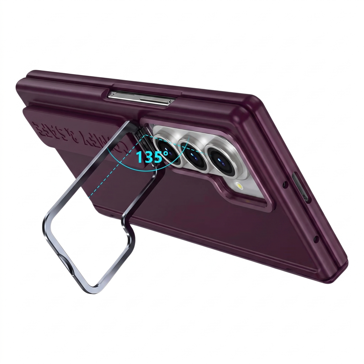 Aegis H1 Galaxy Z Fold case in Red Wine with built-in metal kickstand open at 135 degrees