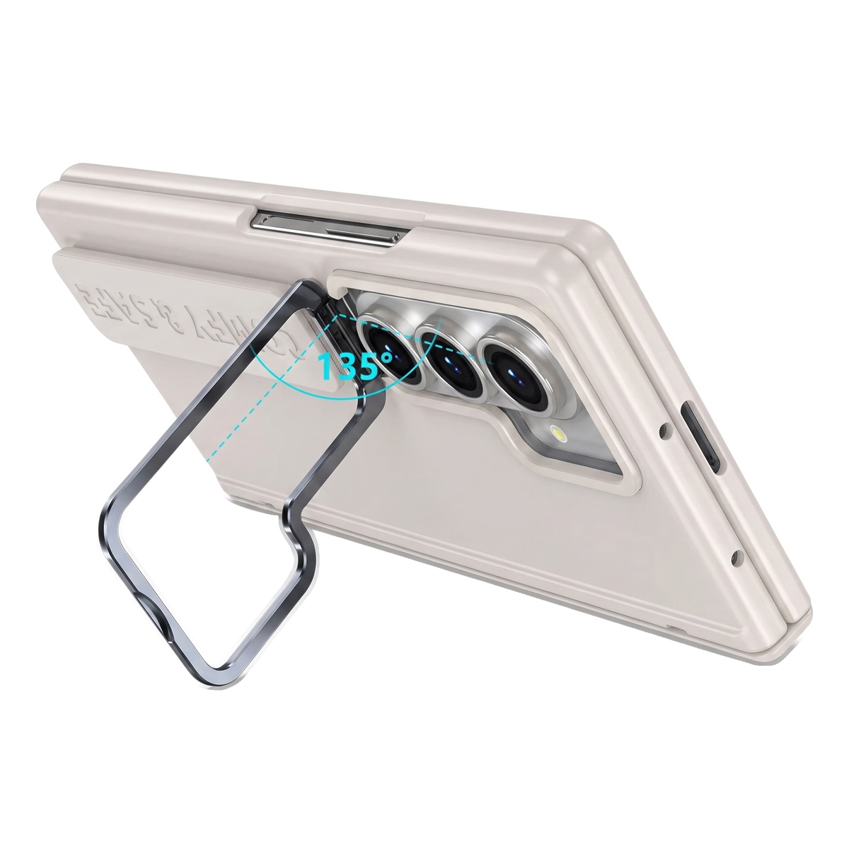 Aegis H1 Galaxy Z Fold case in Apricot with built-in metal kickstand open at 135 degrees