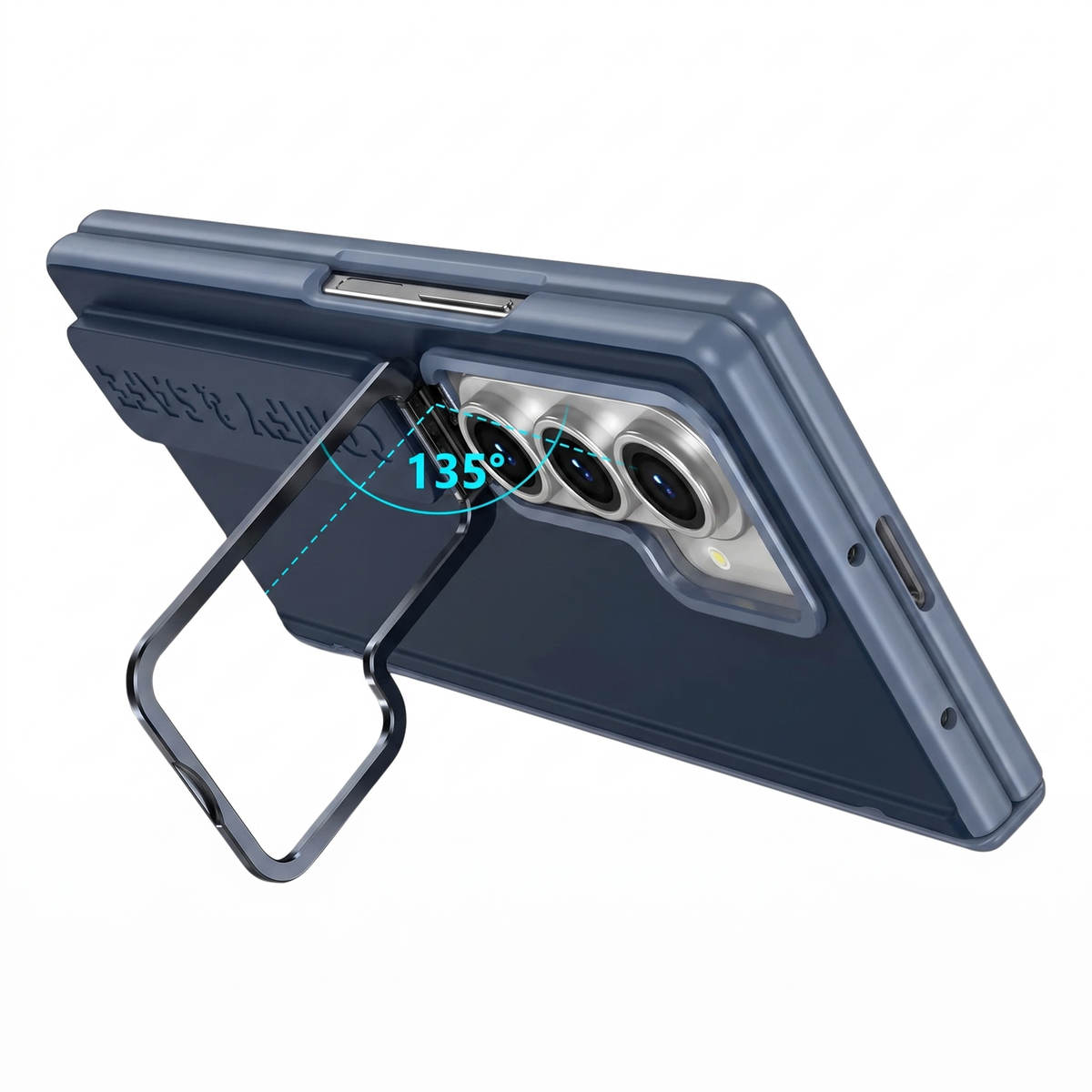 Aegis H1 Galaxy Z Fold case in Dark Blue with built-in metal kickstand open at 135 degrees