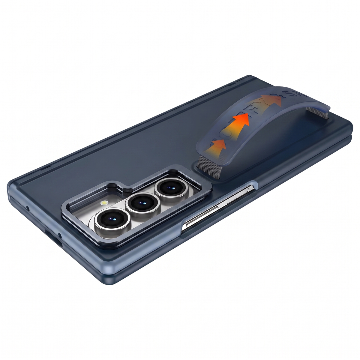 Aegis H1 Galaxy Z Fold case in Dark Blue showing the built-in grip strap lifting away from the back panel