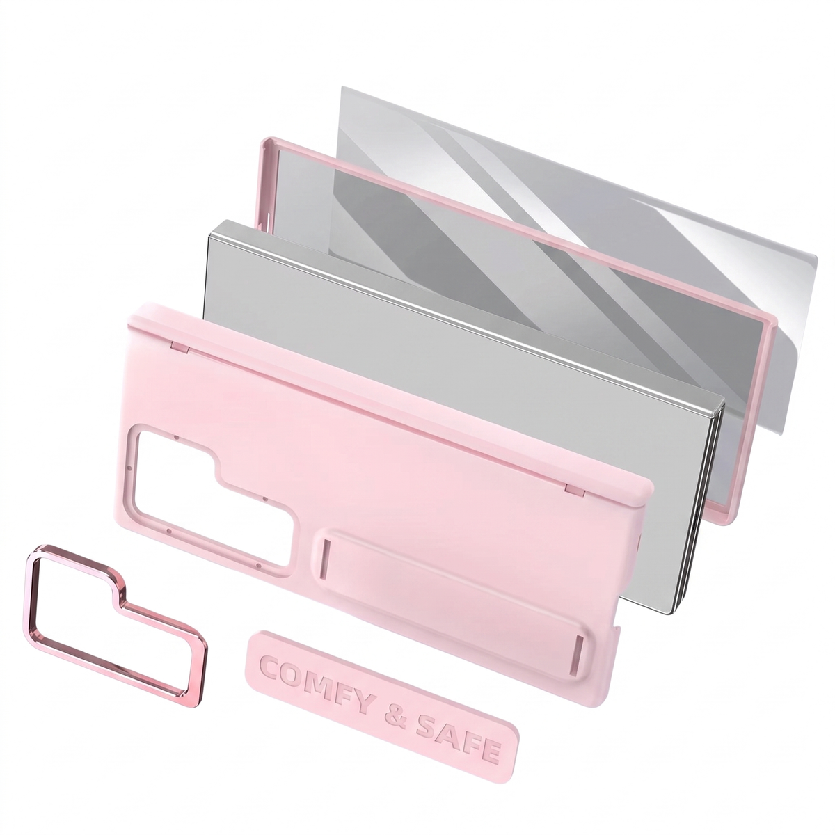 Aegis H1 Galaxy Z Fold case components in Pink - back shell, hinge cover, kickstand strap, camera bezel and screen protector
