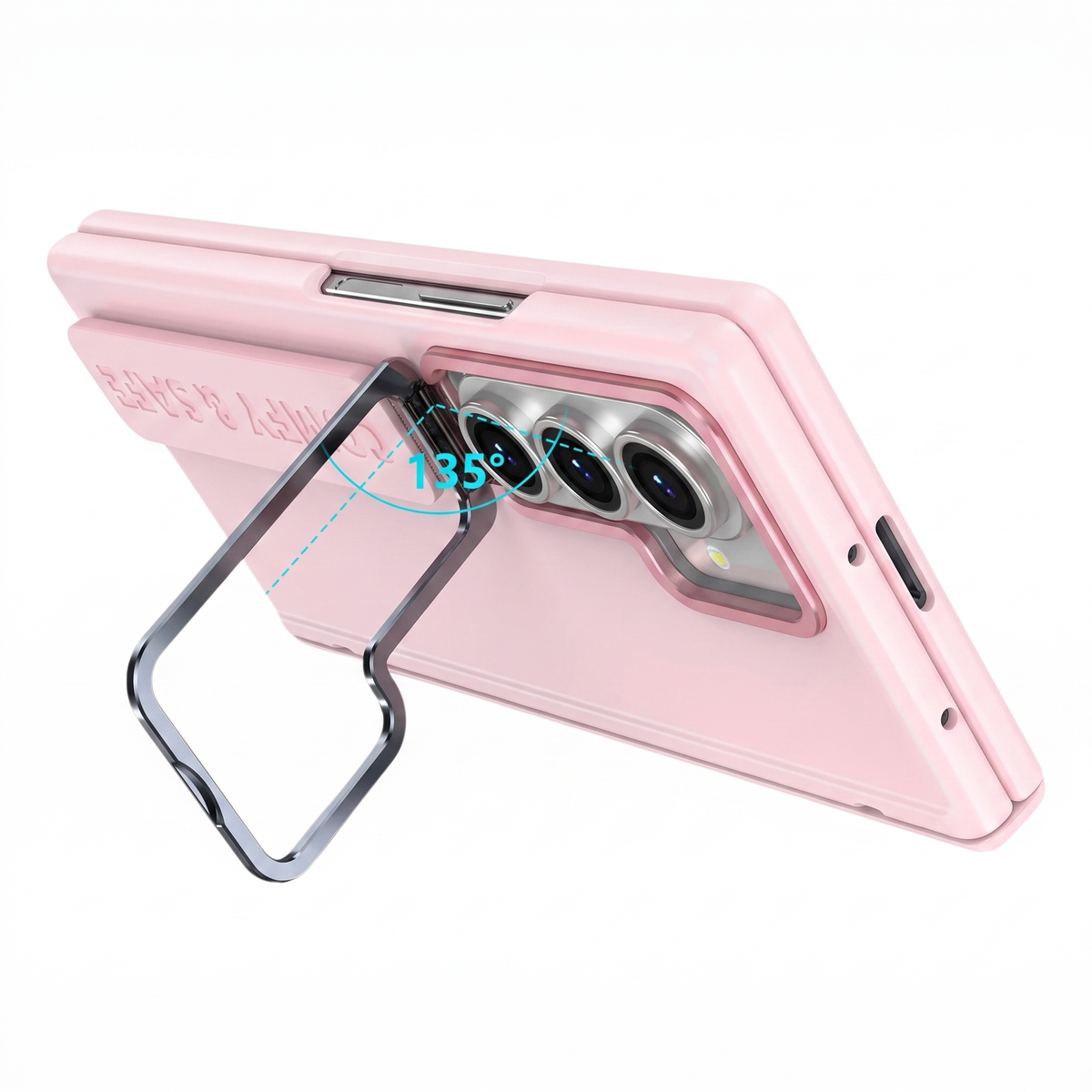 Aegis H1 Galaxy Z Fold case in Pink with built-in metal kickstand open at 135 degrees