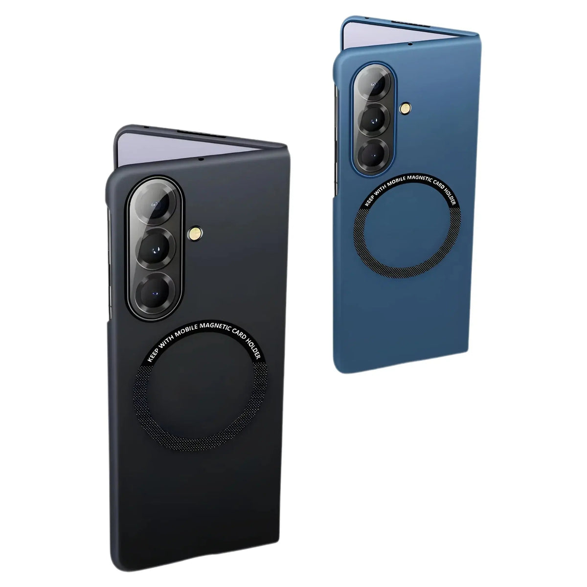 Foldable smartphones in black and blue cases with triple cameras and magnetic card holder rings