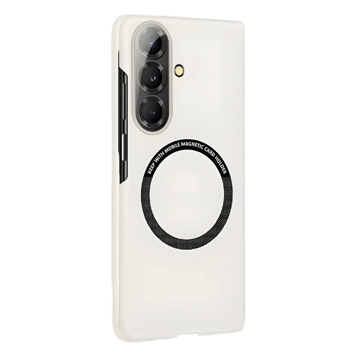 White smartphone case with triple camera cutout and magnetic card holder circle