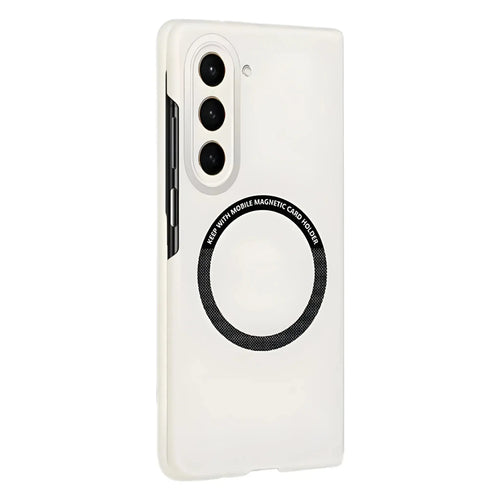White smartphone case with triple camera cutout and black magnetic card holder circle