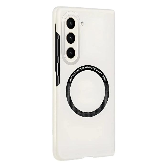 White smartphone case with triple camera cutout and black magnetic card holder circle