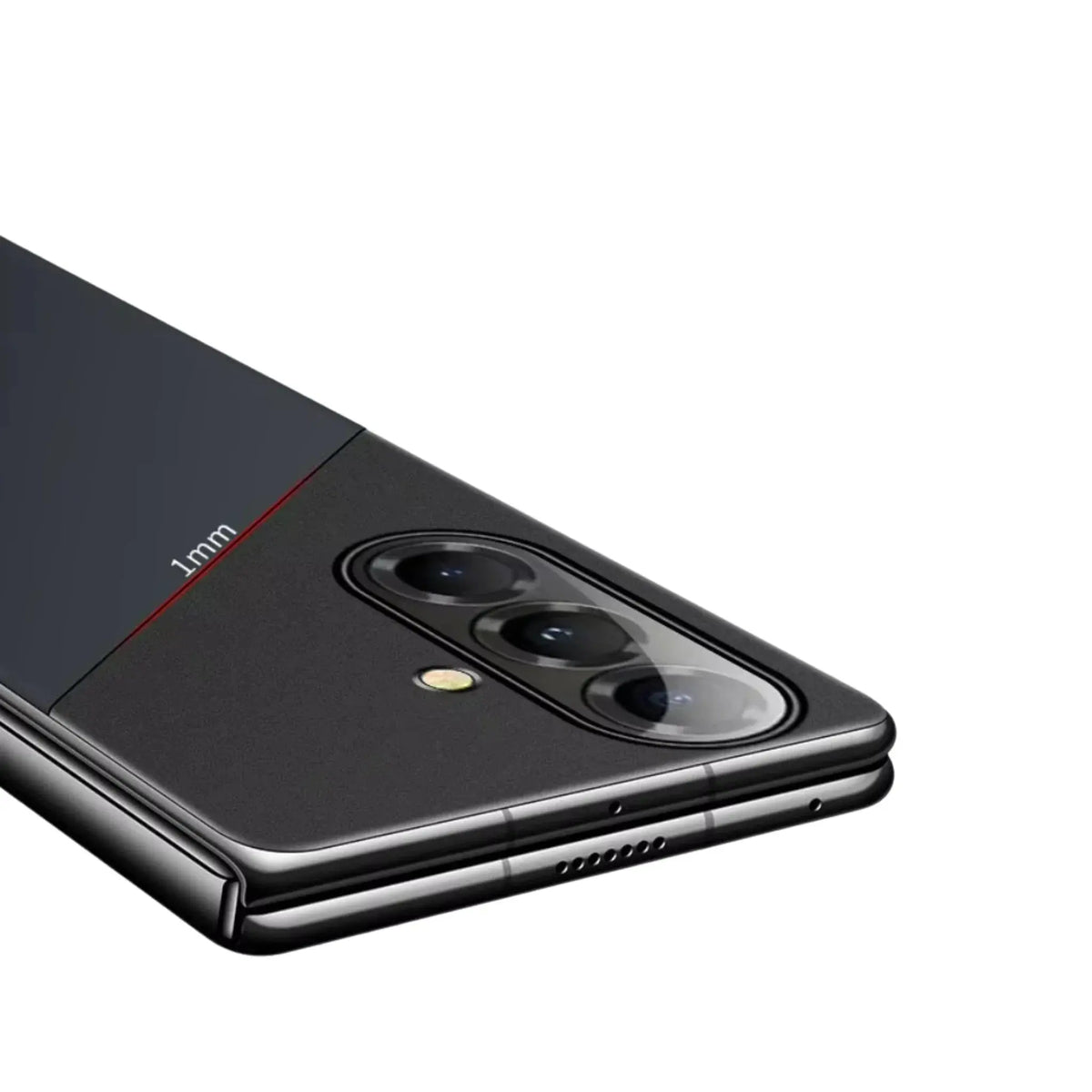 Close-up of black foldable smartphone with triple rear camera and 1mm marked gap on hinge