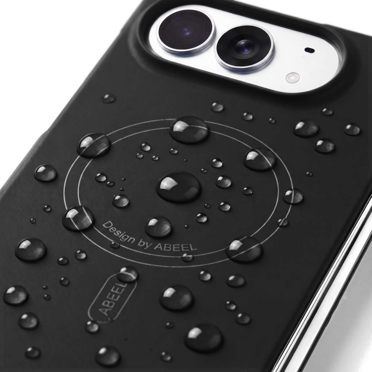 Apex M3 iPhone Duo case in Black with water droplets beading on the matte surface