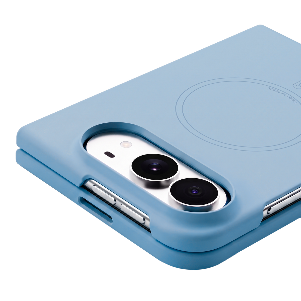 Apex M3 iPhone Duo case in Light Blue, close-up of the raised camera surround and side buttons