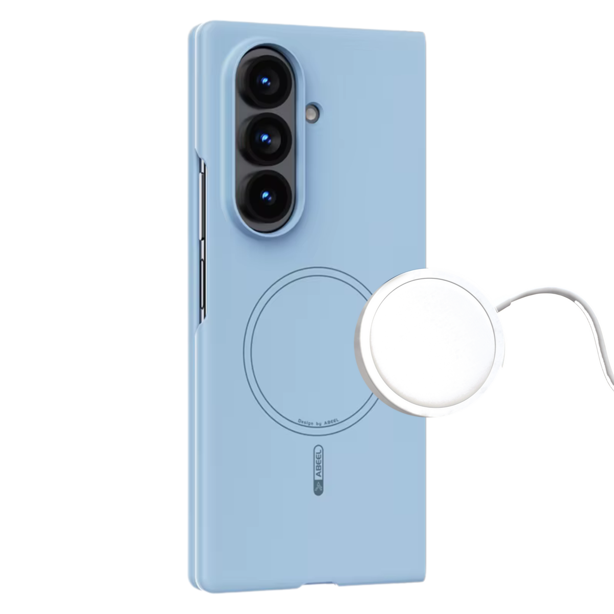 Light Blue Apex M3 case with MagSafe charger floating beside the magnet ring