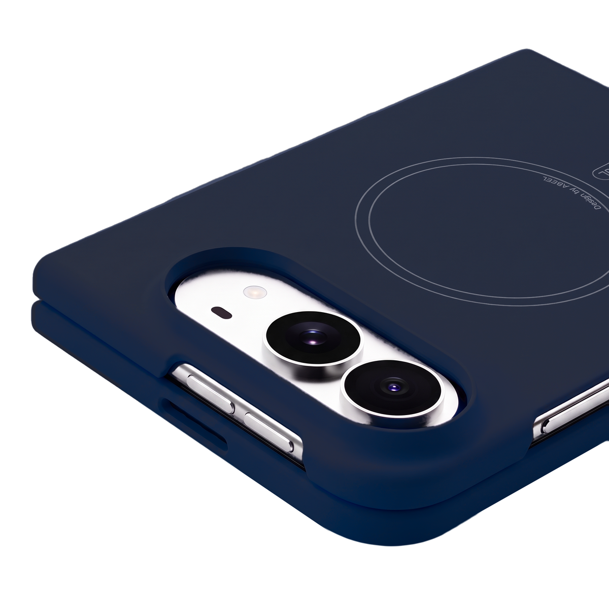 Apex M3 iPhone Duo case in Navy Blue, close-up of the raised camera surround and side buttons