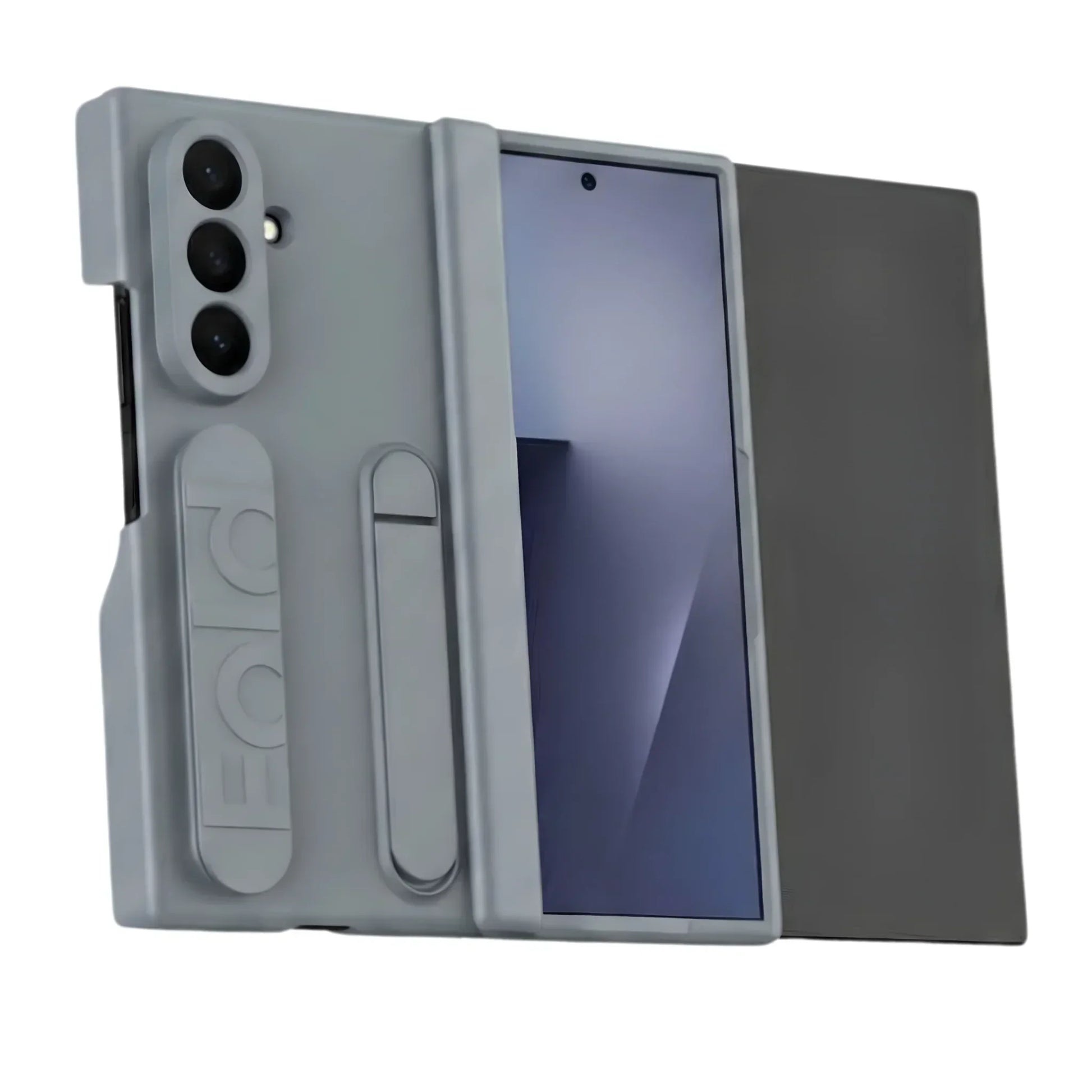 Gray protective case with kickstand on smartphone, featuring triple rear cameras and front screen
