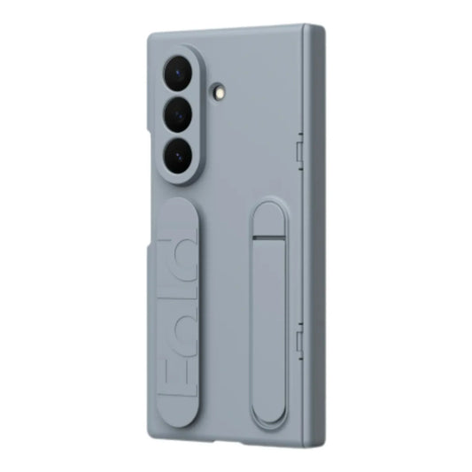 Light gray protective phone case with triple camera cutout and built-in kickstand