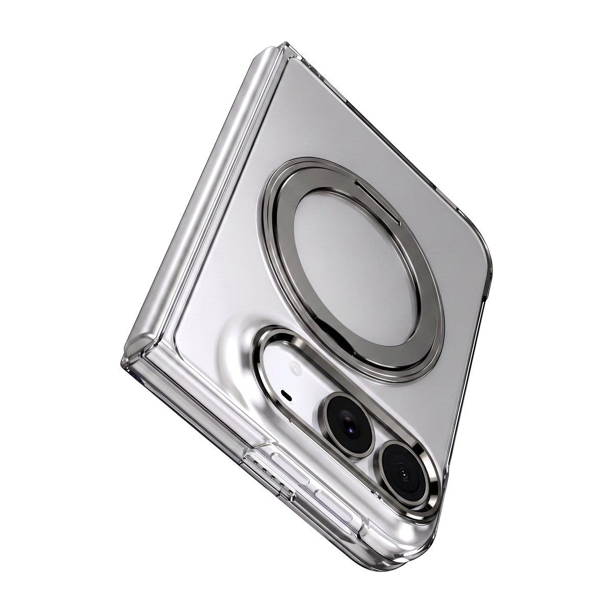 Axon M1 iPhone Fold clear case shown folded with black MagSafe ring seat and black camera bezel, hinge spine detail