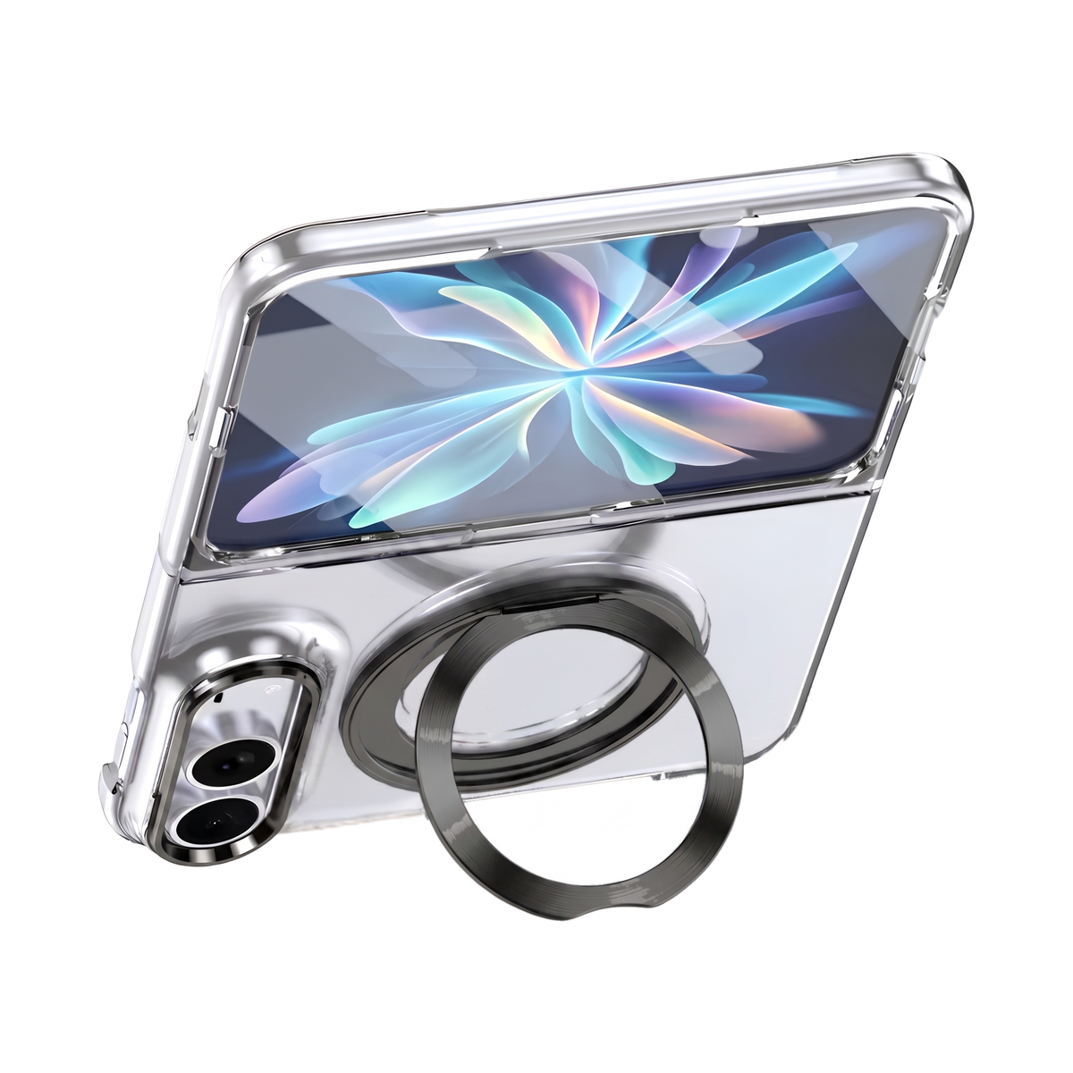 Axon M1 iPhone Fold case in Gunmetal Black propped open on its MagSafe kickstand ring, showing the folded display