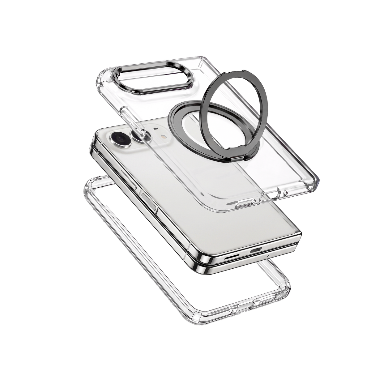 Axon M1 iPhone Fold case - Gunmetal Black - exploded view of clear front frame, phone and clear back shell with black MagSafe ring stand and camera bezel