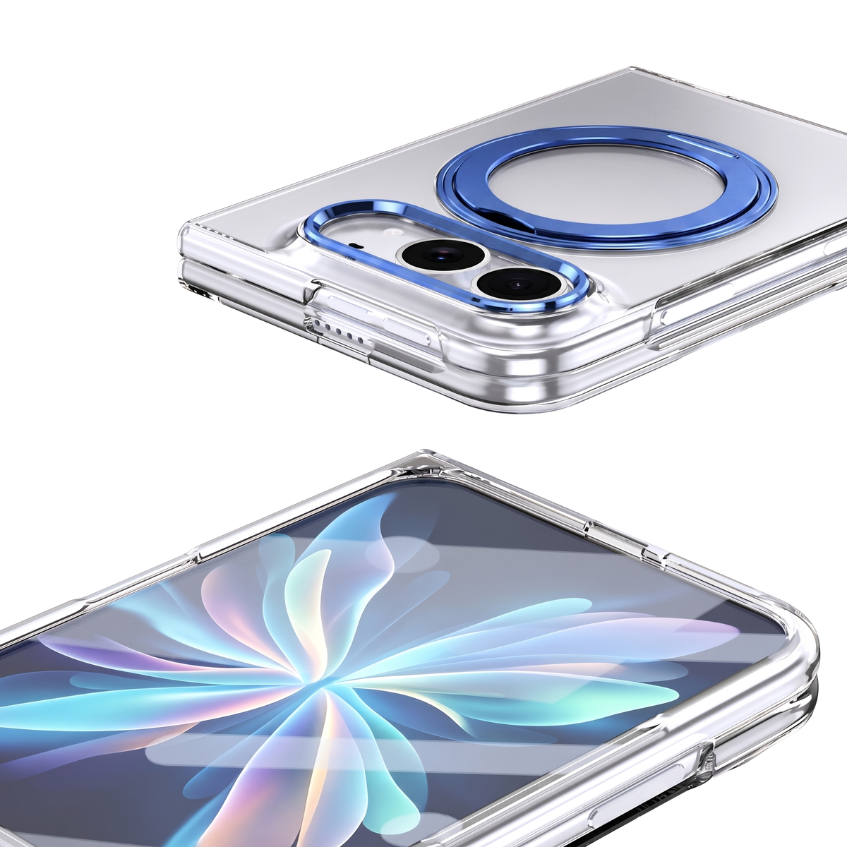 Axon M1 iPhone Fold clear case with blue MagSafe ring seat and blue camera bezel, shown with a patterned iridescent floral case
