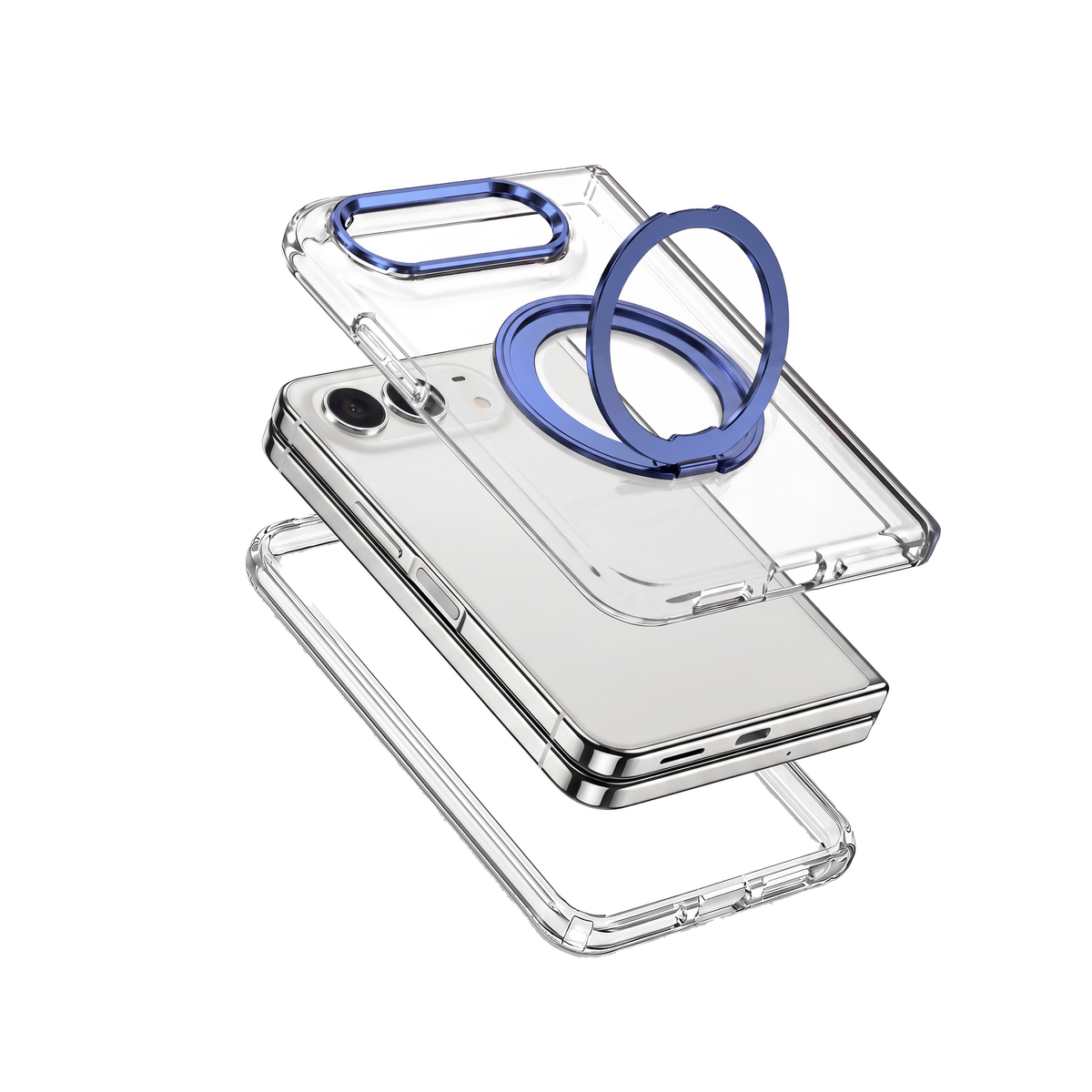 Axon M1 iPhone Fold case - Royal Blue - exploded view of clear front frame, phone and clear back shell with blue MagSafe ring stand and camera bezel