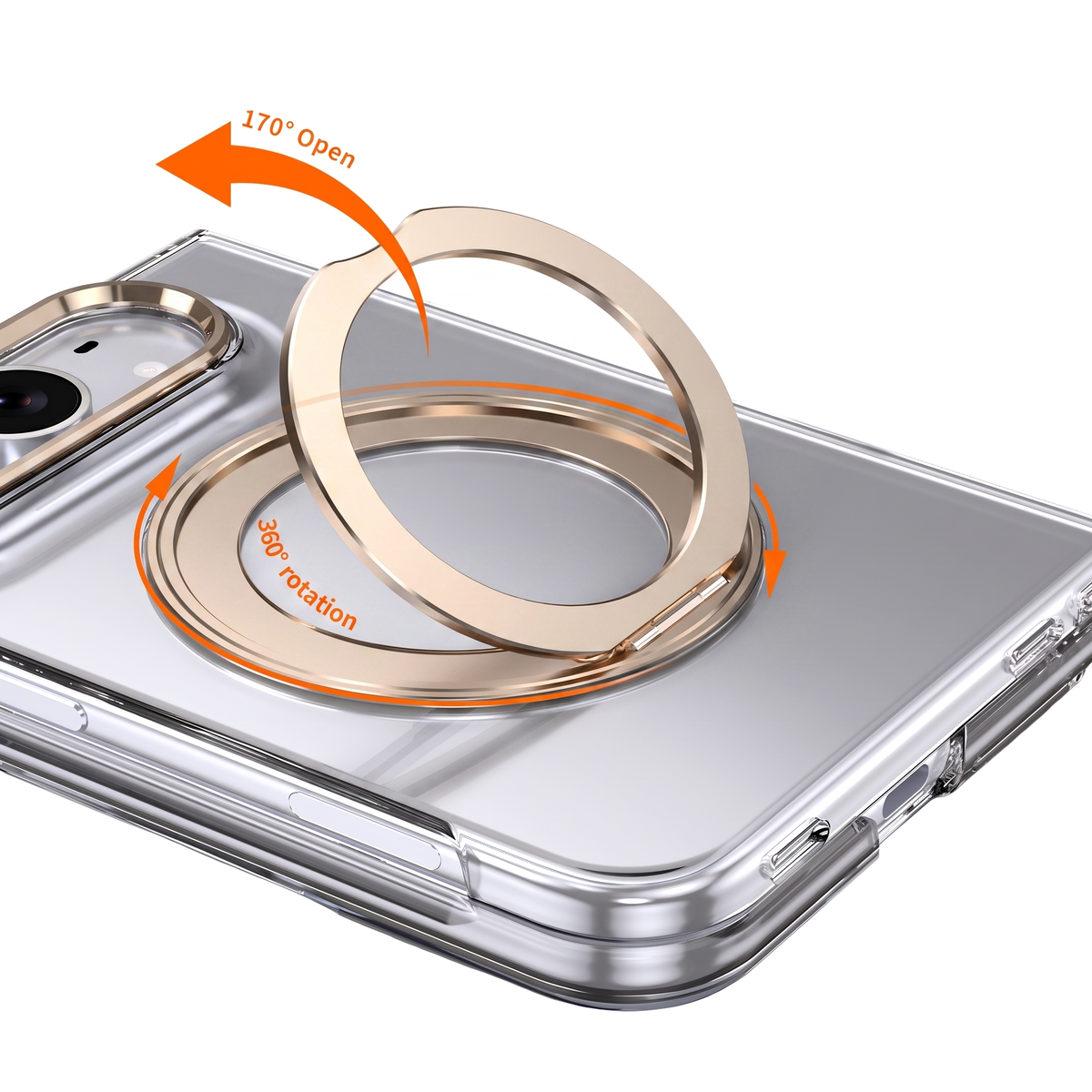 Axon M1 iPhone Fold case 360 degree swivel bracket feature - gold ring stand and gold camera bezel, 170 degree open, 360 degree rotation