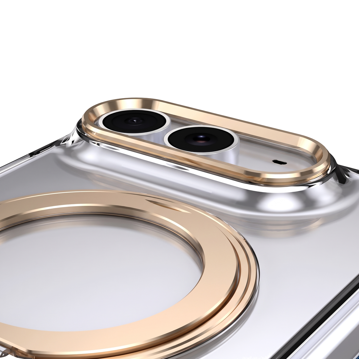 Axon M1 iPhone Fold case close-up - precision camera cutout and MagSafe ring seat with Champagne Gold bezel
