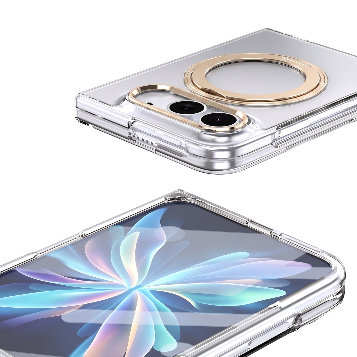 Axon M1 iPhone Fold clear case with gold MagSafe ring seat and gold camera bezel, shown with a patterned iridescent floral case