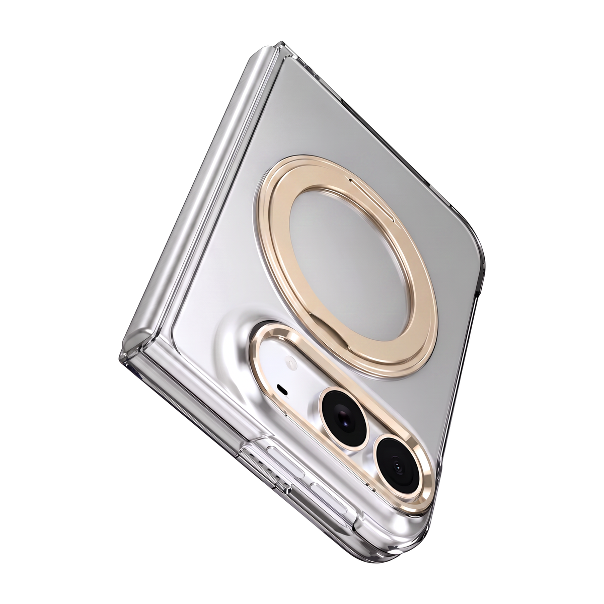Axon M1 iPhone Fold clear case shown folded with gold MagSafe ring seat and gold camera bezel, hinge spine detail