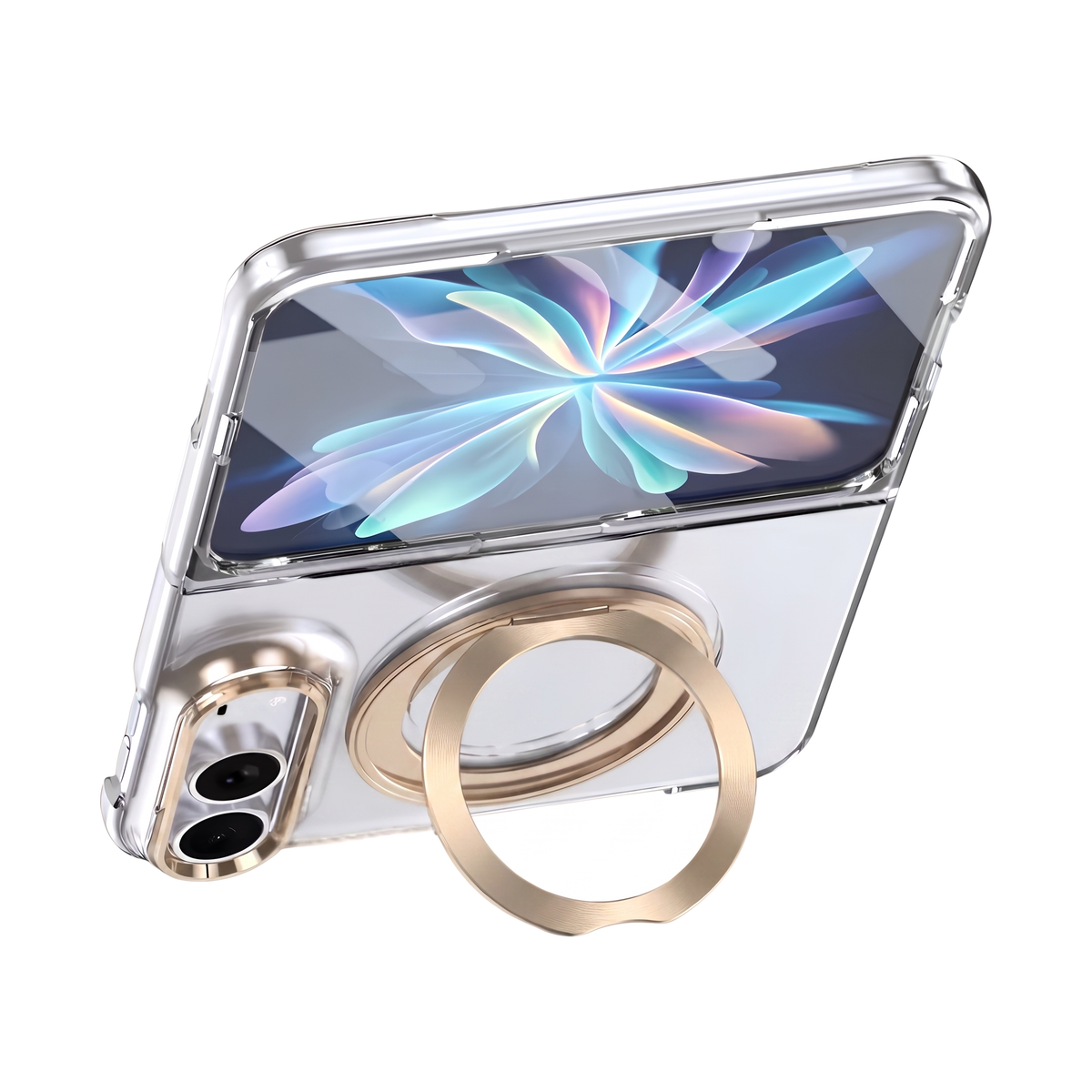 Axon M1 iPhone Fold case in Champagne Gold propped open on its MagSafe kickstand ring, showing the folded display
