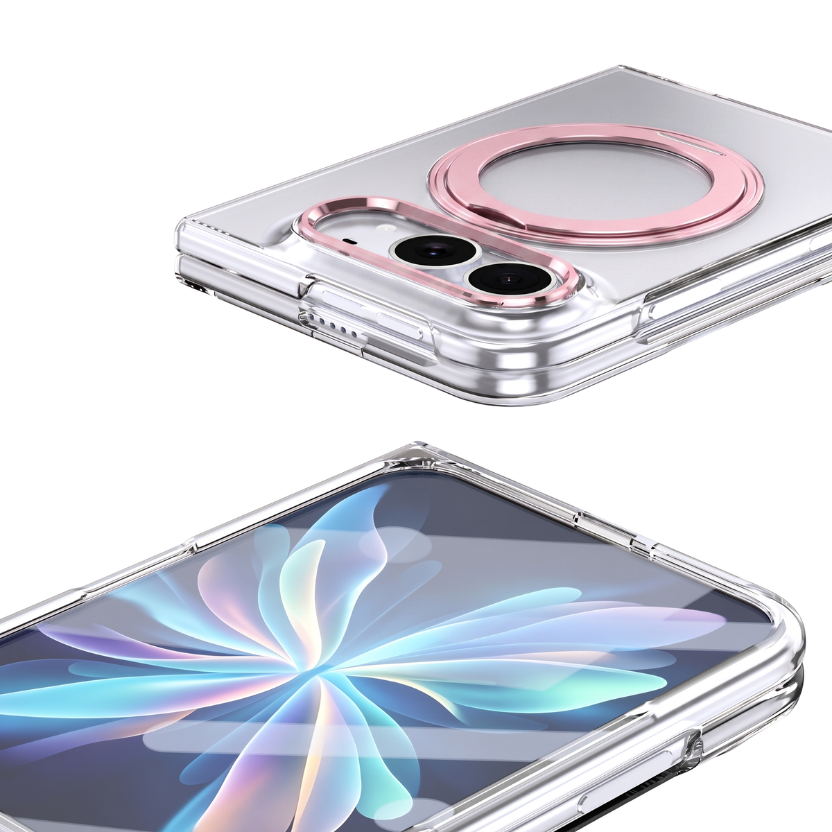 Axon M1 iPhone Fold clear case with pink MagSafe ring seat and pink camera bezel, shown with a patterned iridescent floral case