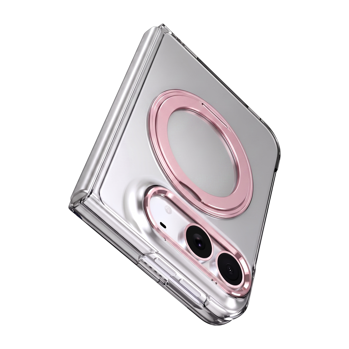 Axon M1 iPhone Fold clear case shown folded with pink MagSafe ring seat and pink camera bezel, hinge spine detail