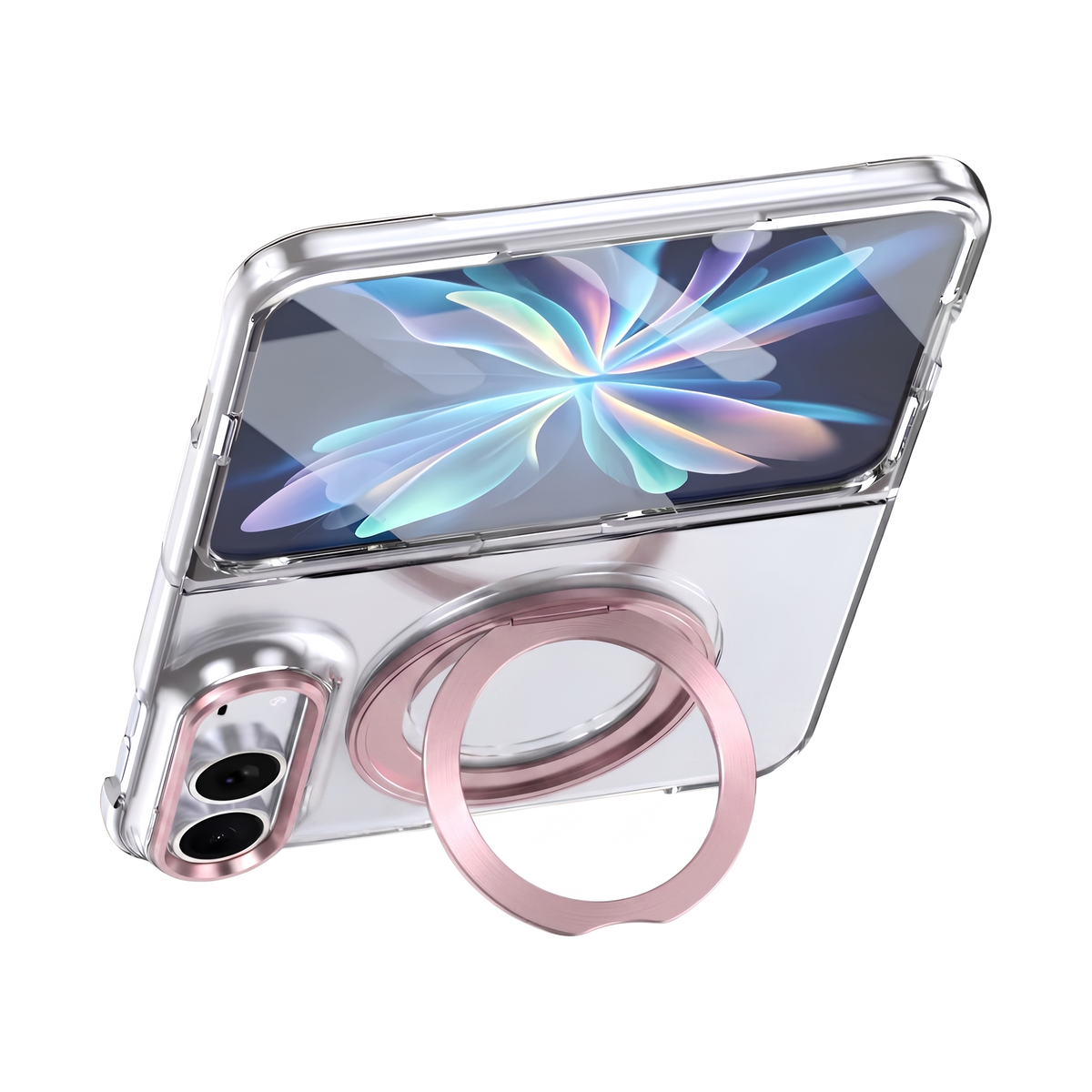 Axon M1 iPhone Fold case in Rose Pink propped open on its MagSafe kickstand ring, showing the folded display
