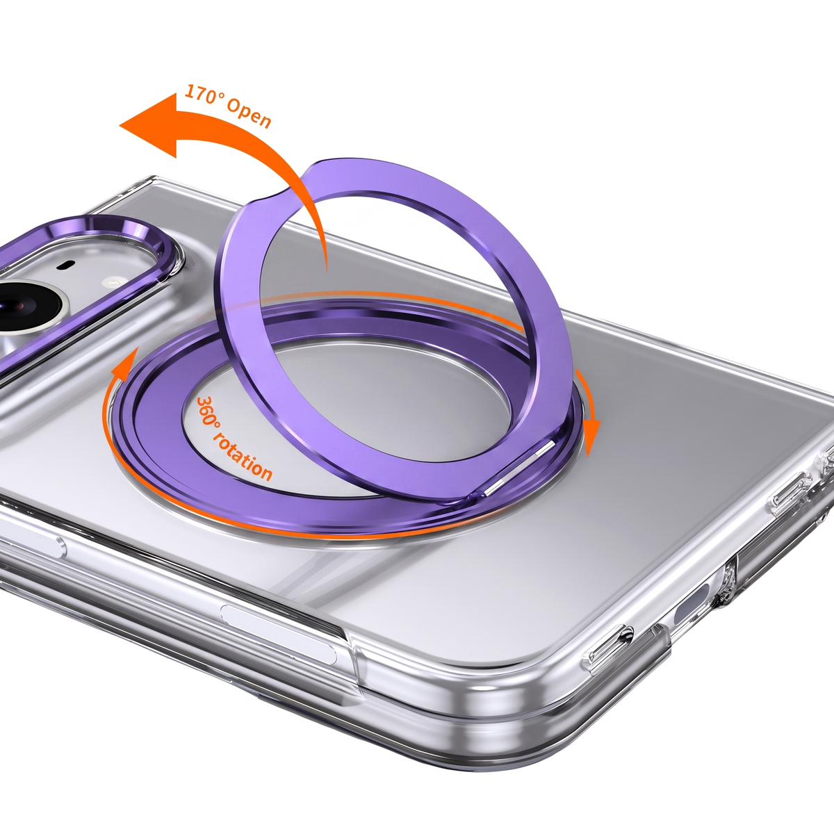 Axon M1 iPhone Fold case 360 degree swivel bracket feature - purple ring stand and purple camera bezel, 170 degree open, 360 degree rotation