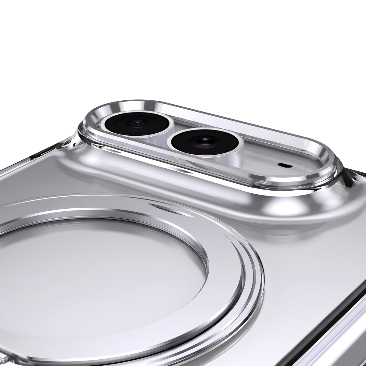 Axon M1 iPhone Fold case close-up - precision camera cutout and MagSafe ring seat with Silver bezel