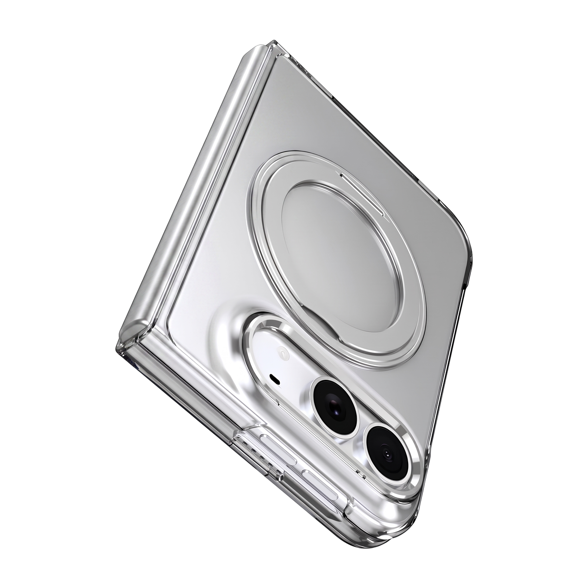 Axon M1 iPhone Duo clear case shown folded, detail of the hinge spine, MagSafe ring seat and camera cutout