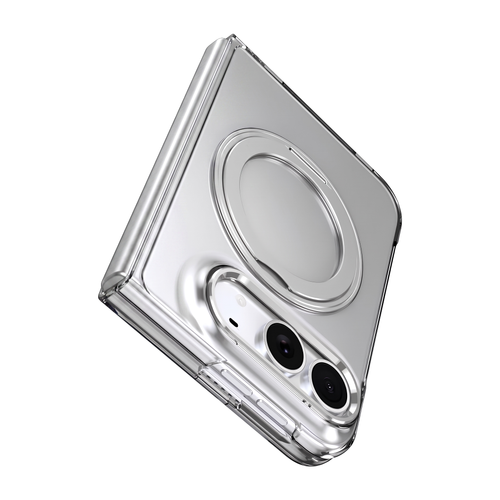 Axon M1 iPhone Duo clear case shown folded, detail of the hinge spine, MagSafe ring seat and camera cutout