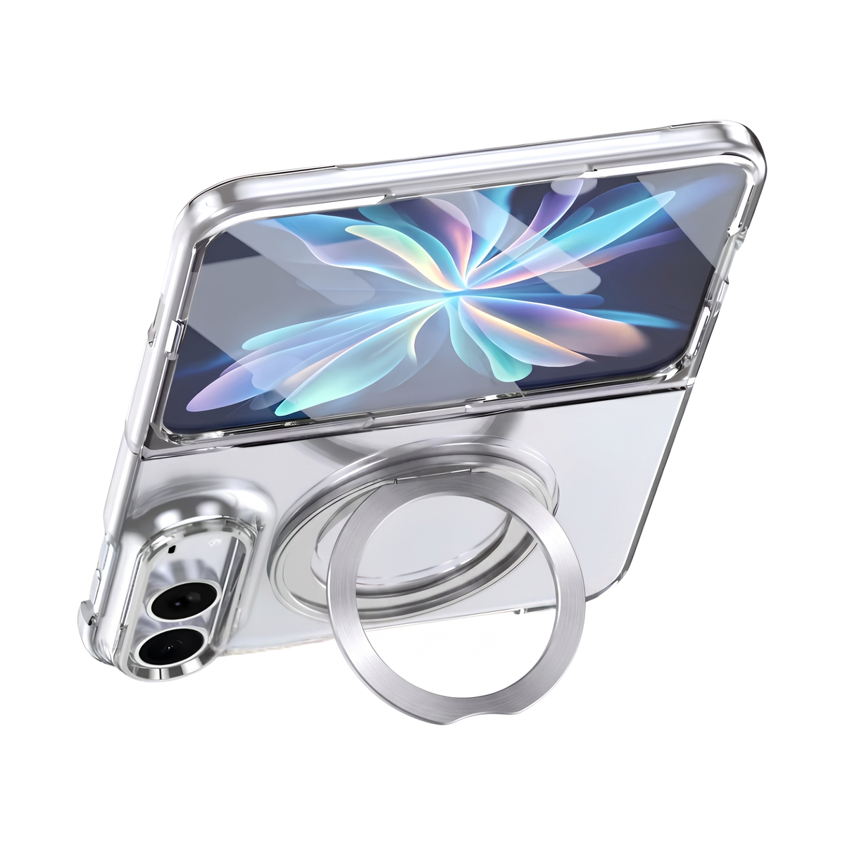 Axon M1 iPhone Fold case in Silver propped open on its MagSafe kickstand ring, showing the folded display