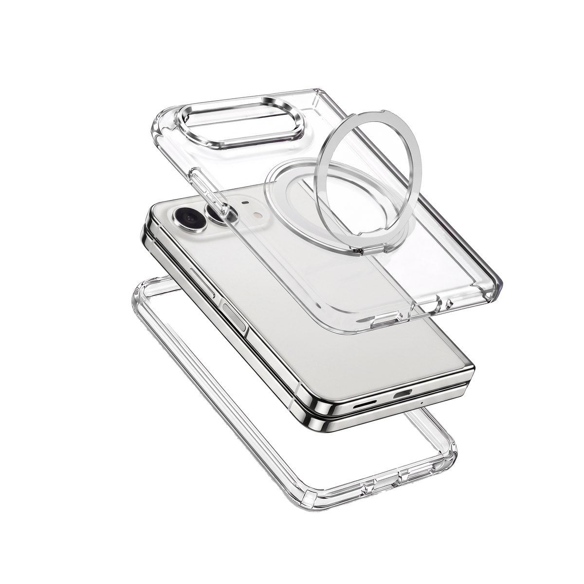 Axon M1 iPhone Fold case - Silver - exploded view of clear front frame, phone and clear back shell with MagSafe ring stand