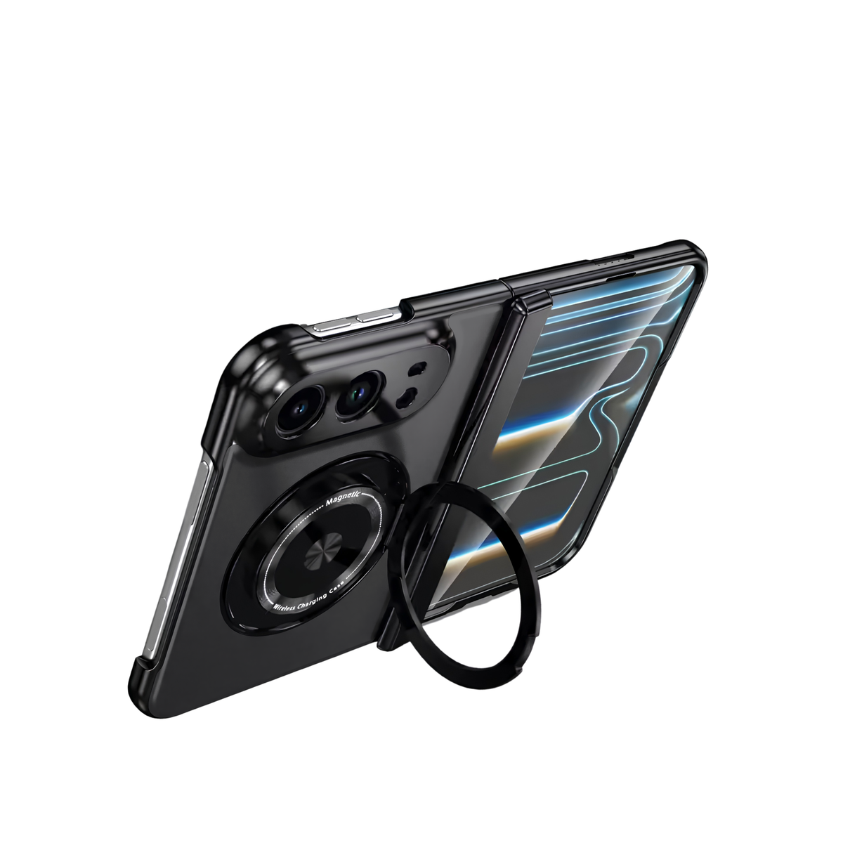 Axon M2 Black iPhone Fold case propped open on its fold-out magnetic ring stand