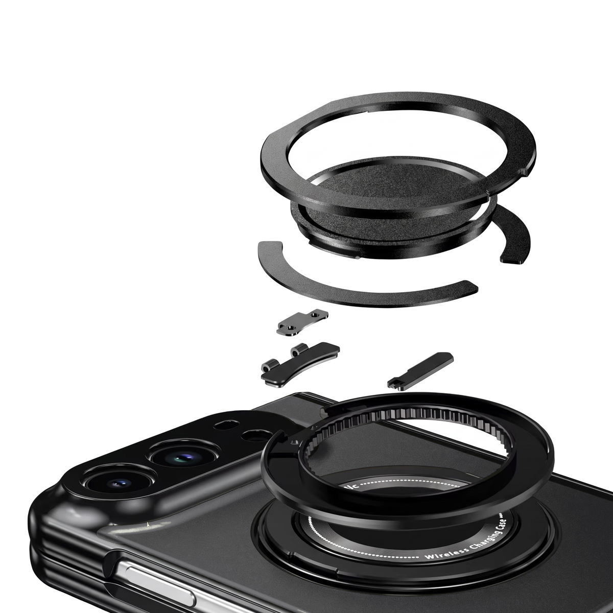 Axon M2 iPhone Fold case magnetic ring stand shown exploded into its parts above the Black back panel