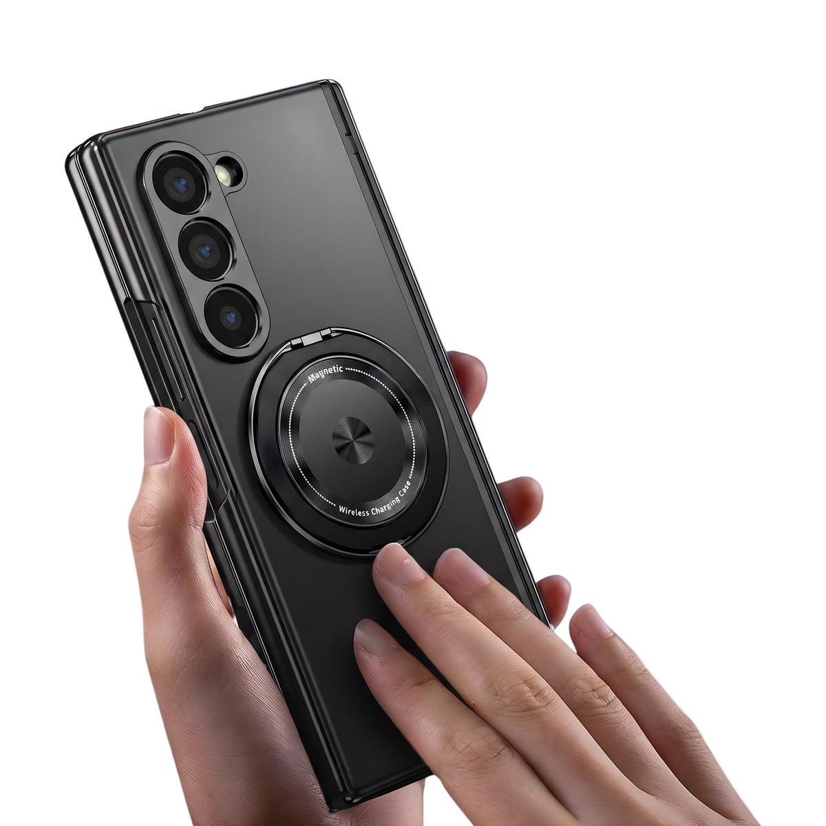 Axon M2 Galaxy Z Fold case held in hand with magnetic ring stand - Black