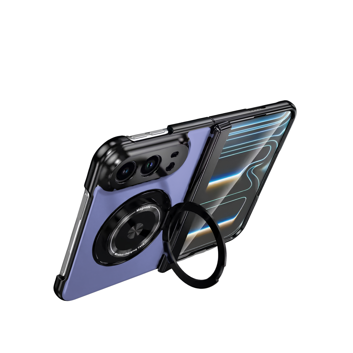 Axon M2 Blue iPhone Fold case propped open on its fold-out magnetic ring stand
