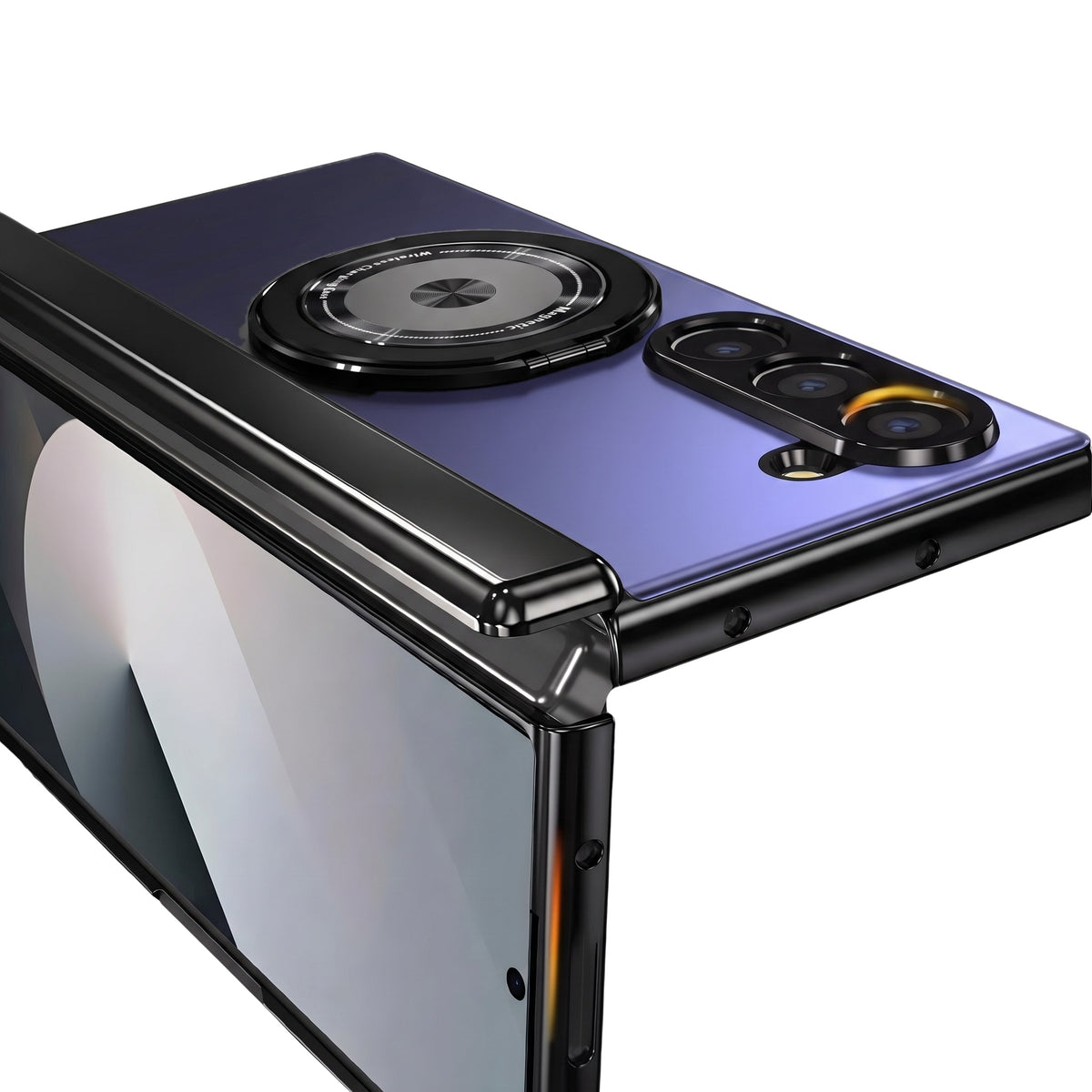 Axon M2 Galaxy Z Fold case corner detail with magnetic wireless charging ring - Blue