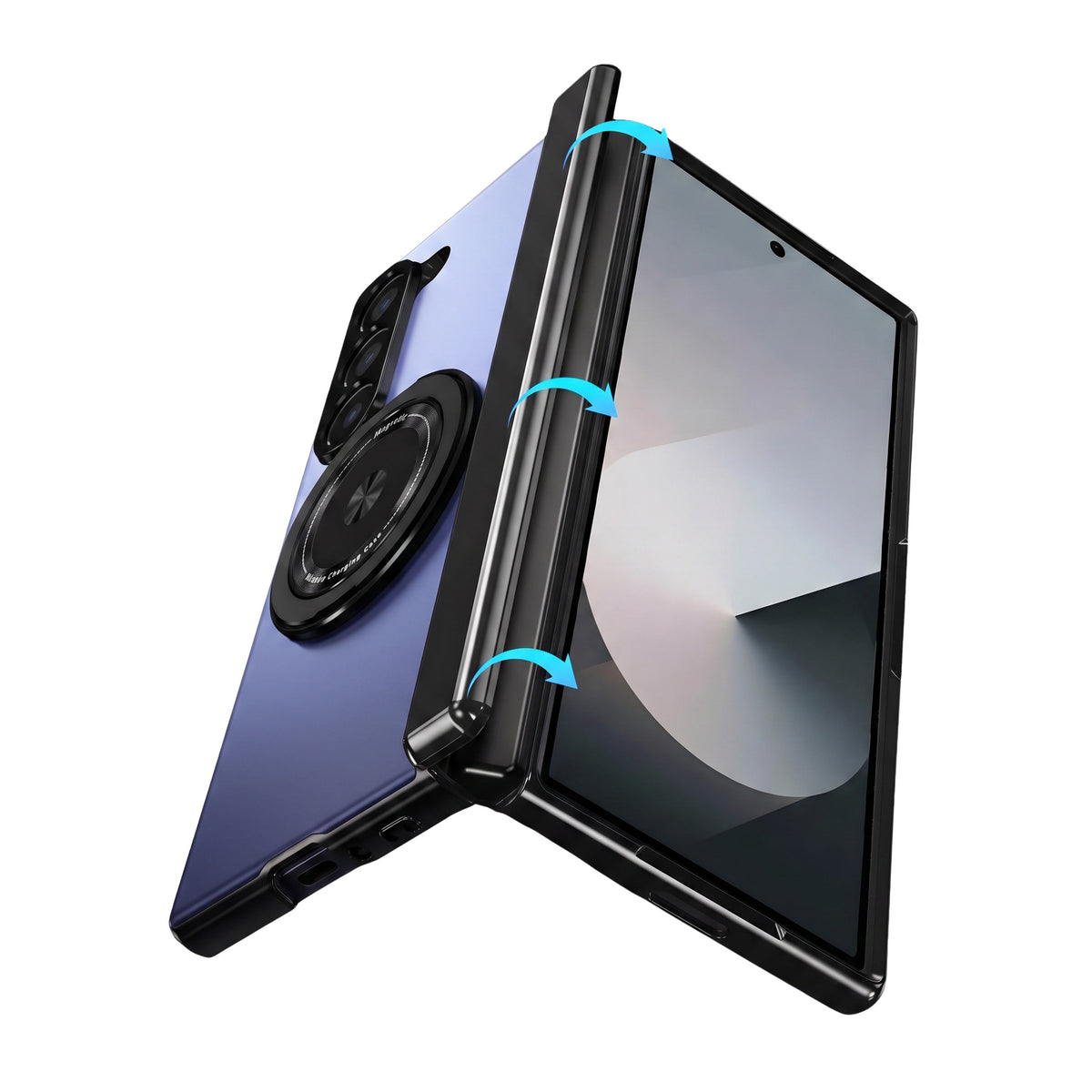 Axon M2 Galaxy Z Fold case half-open showing flexible fold movement - Blue