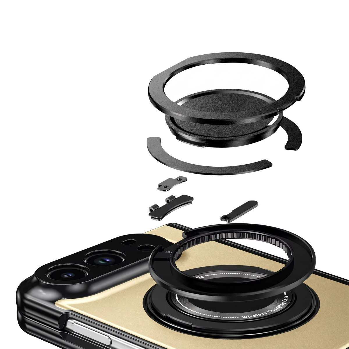 Axon M2 iPhone Fold case magnetic ring stand shown exploded into its parts above the Champagne Gold back panel