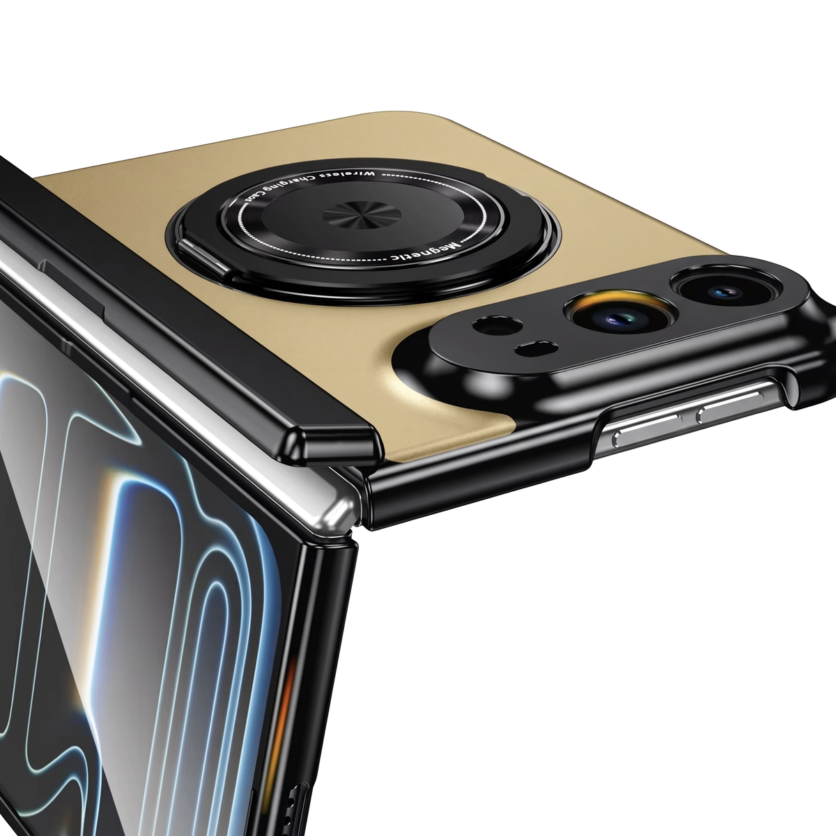 Close-up of the Axon M2 Champagne Gold iPhone Fold case showing the raised camera bezel and raised screen bezel that keep the glass off flat surfaces