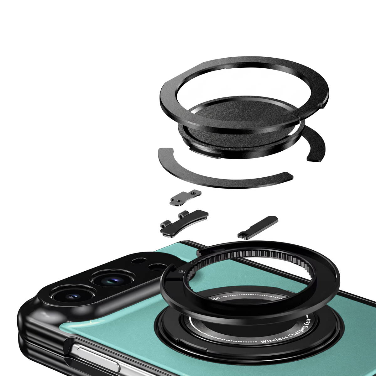 Axon M2 iPhone Fold case magnetic ring stand shown exploded into its parts above the Green back panel
